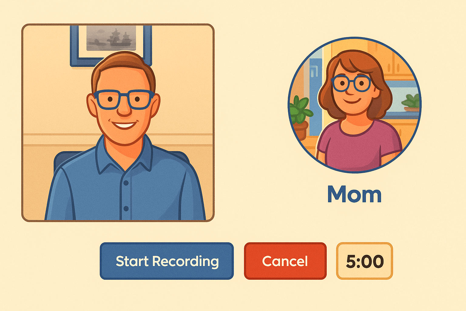 KinMail video recording interface showing family video call