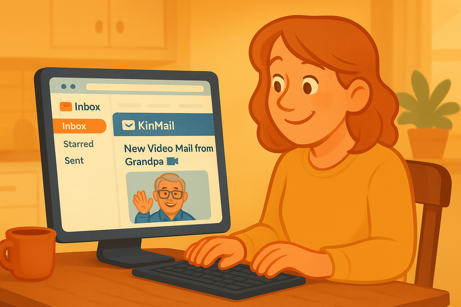 Person happily discovering KinMail video notification in their email inbox